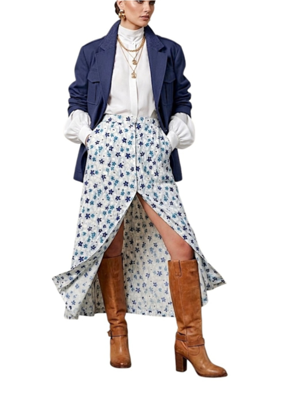 Vintage 80s 90s blue floral cottagecore romantic button front maxi skirt L